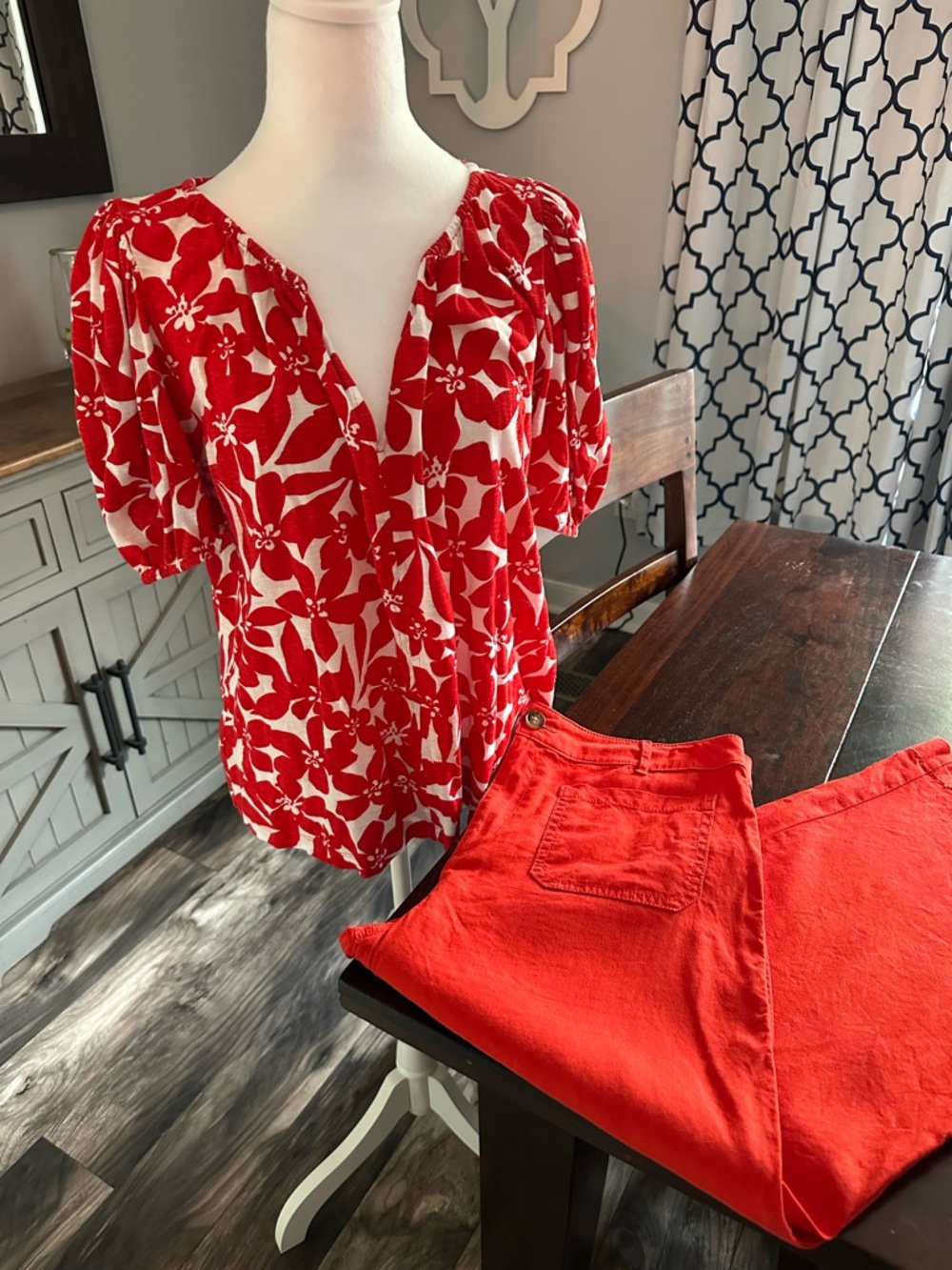 LOFT Red and White Floral Top